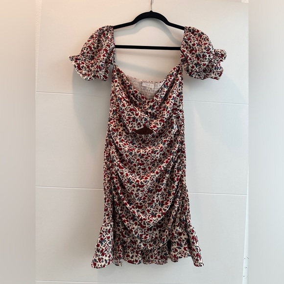 Blush white red off the shoulder floral flowy casual summer vacation mini dres M - Picture 6 of 9